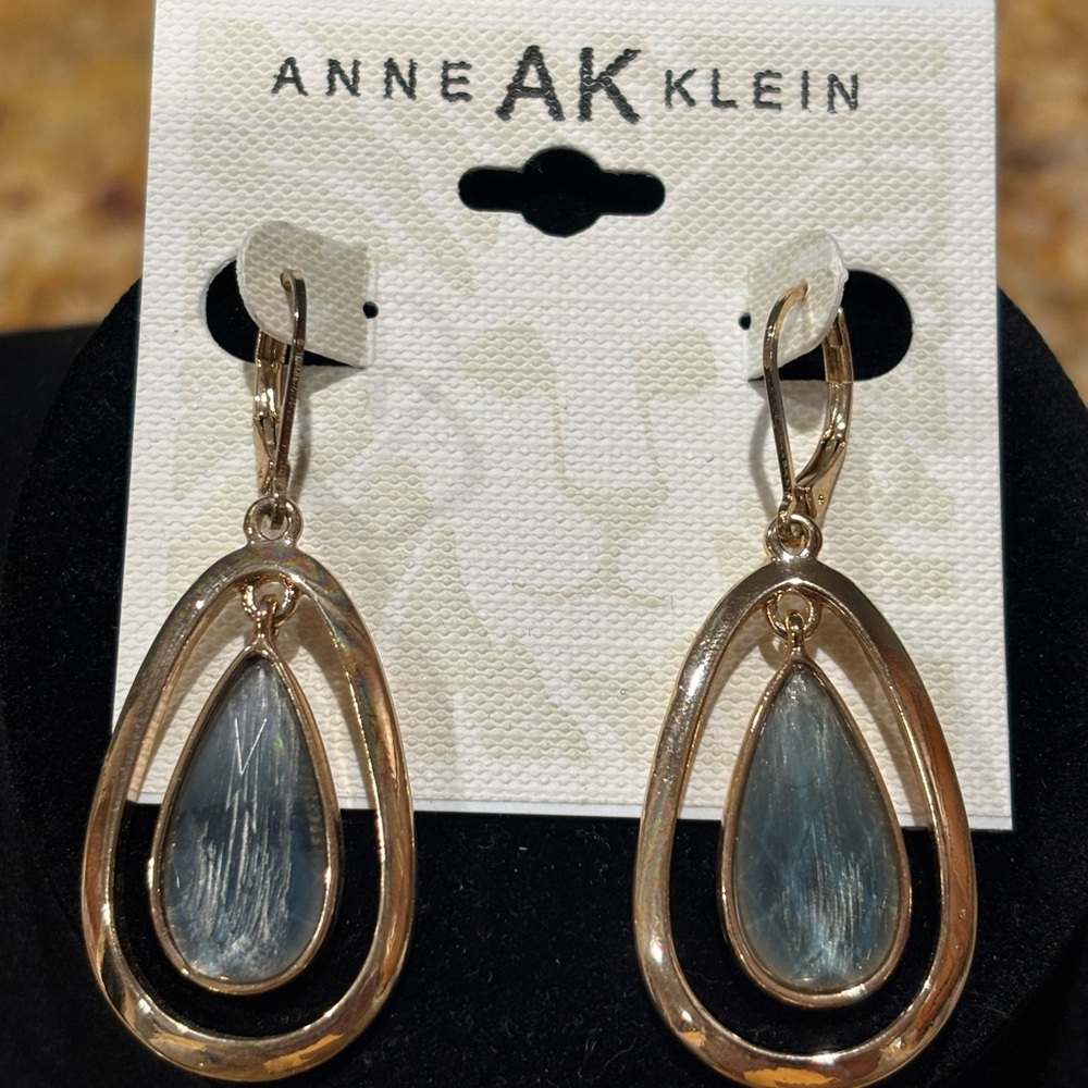 Anne Klein Gold Drop Earrings with Blue Teardrop Centers